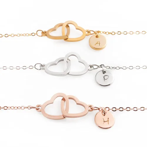 Vista 7 de Personalized Initial Two Hearts Anklet 16K Plated Gold Rose Gold Silver Birthday Bridesmaids Mothers day Christmas Wedding Gift