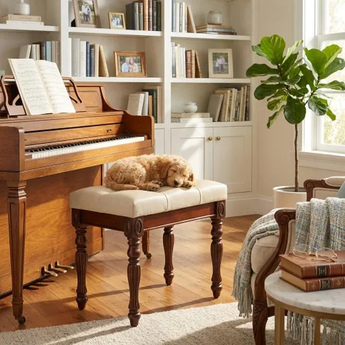 Vista 3 de Taburete de tocador con asiento tapizado, banco de piano con patas talladas de madera maciza, cojín acolchado para sillas de hogar, banco de tocador