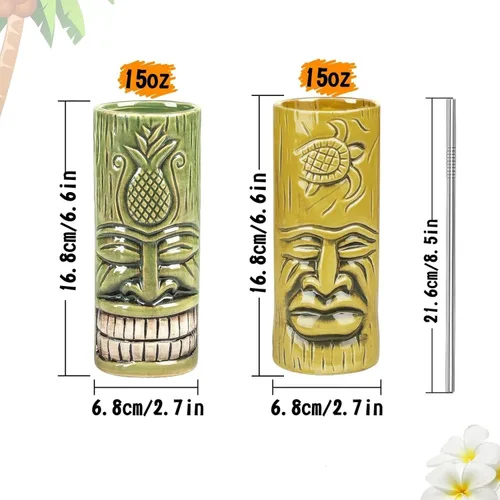 Vista 2 de SuproBarware Tiki - Juego de 2 tazas de cerámica para fiestas con pajitas, juego de tazas creativas grandes hawaianas grandes para bar