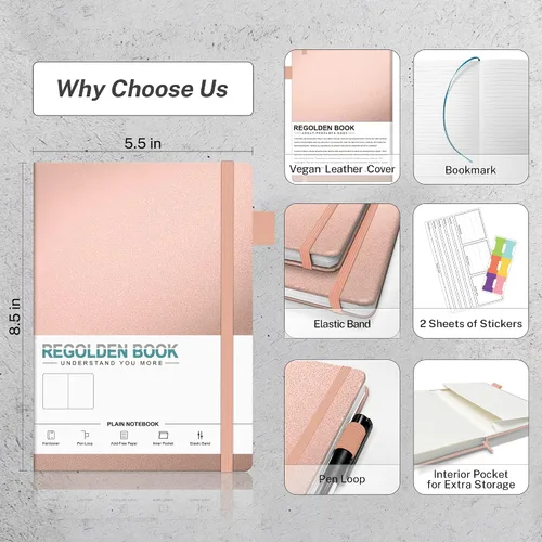 Vista 5 de Regolden-Book Diario en blanco de tapa dura, tamaño A5, diarios de papel grueso en blanco con soporte para bolígrafo para mujeres y hombres