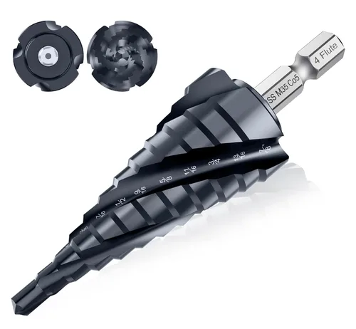 Vista 18 de Broca de cuatro Sprial Flauta M35 de cobalto, 1/4"-1-1/8" Ultra TiAIN recubierta Unibit broca, broca de vástago hexagonal de 1/4" para metal, acero