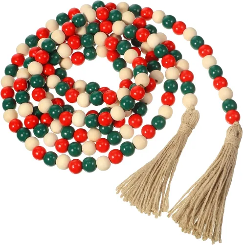 Vista 14 de Guirnalda de cuentas de madera con borlas, guirnalda de cuentas de madera para chimenea, estilo rústico, estilo vintage, bohemio, para fiesta