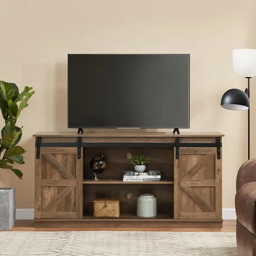 Vista 13 de Soporte de TV con puerta corrediza de granero, centro de entretenimiento de madera moderna y rústica, armario de almacenamiento, mesa de estar