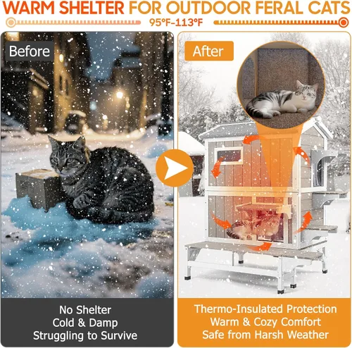 Vista 5 de PetsCosset Casa Aislada para Gatos de Exterior Resistente a la Intemperie con Balcón, Aislamiento Integral, Refugio de Madera para Gatos Ferales