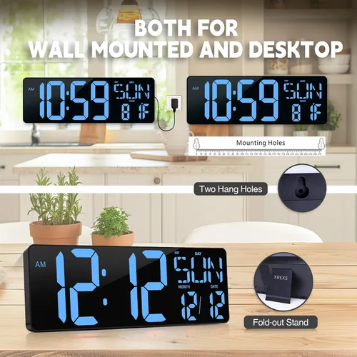 Vista 6 de Reloj de pared digital con pantalla grande: reloj digital LED de 16.5 pulgadas con control remoto, fecha, semana, DST automático, brillo ajustable