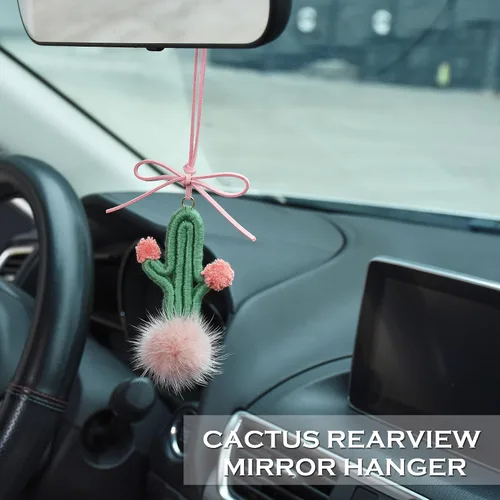 Vista 6 de Colgante de cactus de ganchillo para espejo retrovisor de automóvil, plantas peludas, adorno colgante para decoración del interior del automóvil