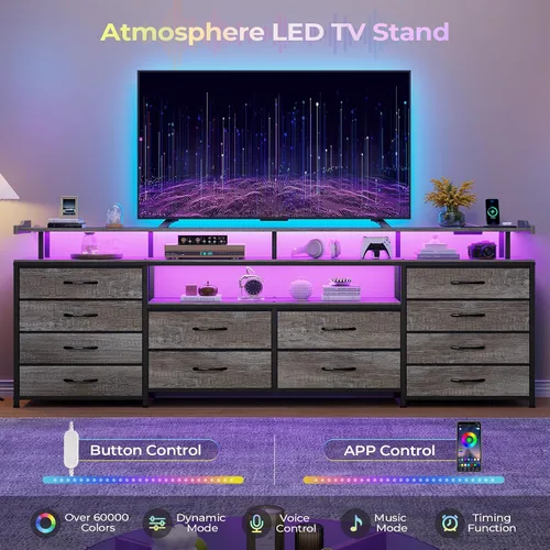 Vista 3 de HAUOMS Soporte de TV Cómoda para TV de 65 Pulgadas, 63" de Ancho con Luces LED y Tomas de Corriente, Cómoda Larga Gris con 12 Cajones de Tela