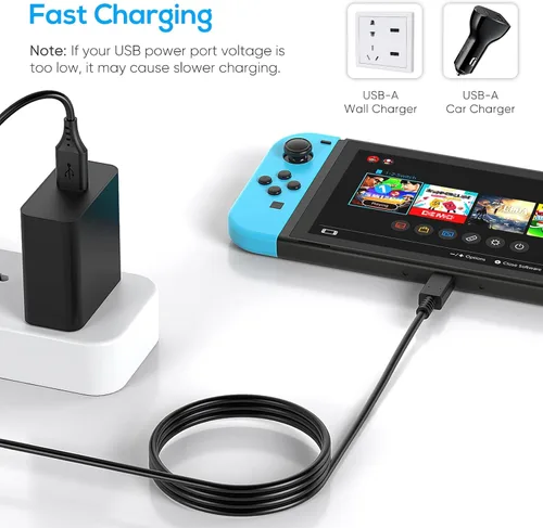 Vista 6 de Cable de carga para Nintendo Switch Fyoung, 9.8 pies de largo, de carga rápida, USB tipos A - C, cable de carga para Switch