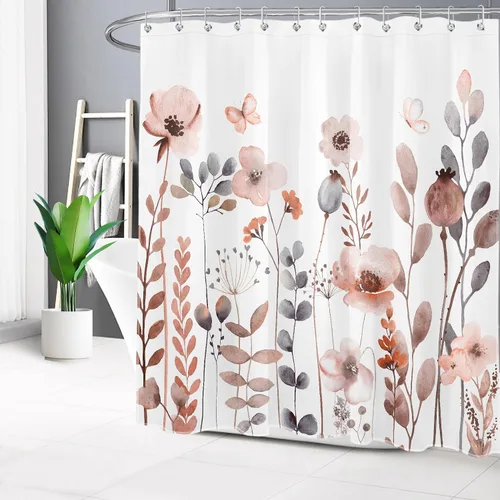 Vista 28 de Cortina de ducha con diseño bohemio de plantas y flores de acuarela sobre fondo beige, cortina de ducha de baño con hojas naturales, cortina