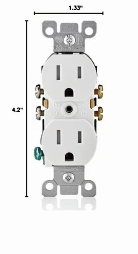 Vista 5 de Receptáculo Leviton de doble toma recta de 15 A, 125 V, con descarga a tierra, resistente a la manipulación, Blanco, T5320-WMP, 120 volts