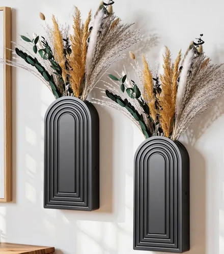 Vista 19 de DREAMLOOM Paquete de 2 jarrones de pared de madera con plantas artificiales de eucalipto, macetas para colgar en la pared, estilo bohemio y moderno