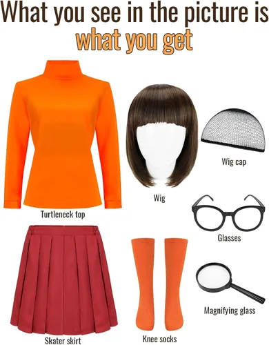 Vista 2 de MSISILY Disfraz de Velma para adulto, disfraz de Halloween para adultos, disfraz de cosplay para mujer, conjunto de falda clásica