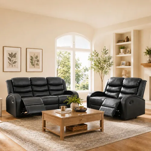 Vista 12 de Juego de sofá reclinable de 3 piezas, juego de muebles de sala de estar, sofá reclinable seccional de cuero, sofá reclinable manual, cómodo asiento