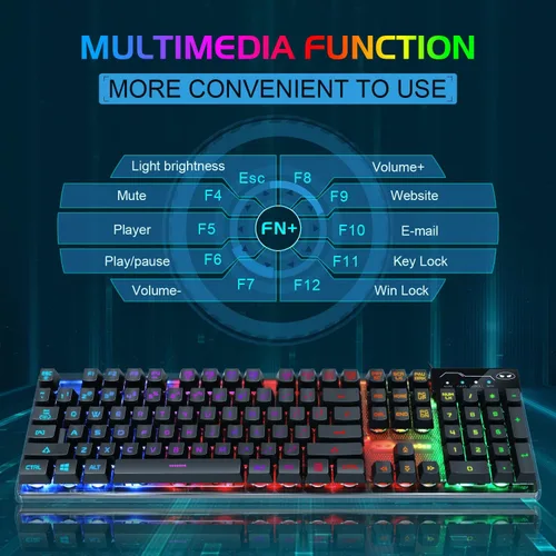 Vista 4 de Combo de teclado y mouse para juegos, teclado con retroiluminación LED RGB K1 con cable con 104 teclas para computadora, PC, teclado