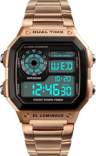 Vista 6 de PASOY Reloj de pulsera digital multifunción para hombre, con hora doble, alarma, cronómetro, cuenta regresiva, retroiluminación, resistente al agua