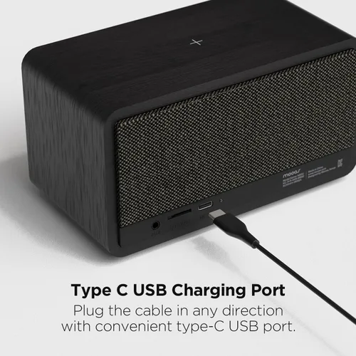 Vista 7 de mooas Radio de carga inalámbrica con esfera clásica, altavoz Bluetooth retro (negro), cargador inalámbrico máximo de 10 W, radio FM, modo SD/Aux