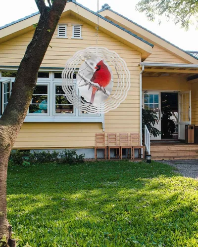 Vista 3 de Molinillos de viento para patio y jardín, cardenales rojos de Navidad, esculturas de viento de metal 3D, para colgar en invierno, nieve, acero