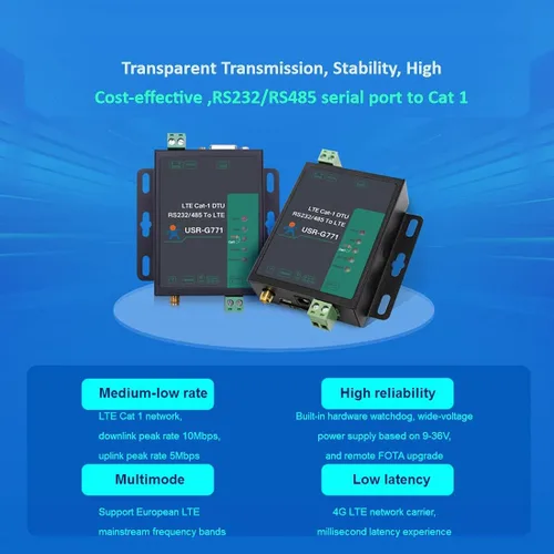 Vista 2 de USR-G771 RS232/RS485 a LTE CAT 1 Módem Celular Soporte LTE y GSM TCP UDP Transmisión Transparente con Tarjeta SIM Soporte HTTP, MQTT, SMS