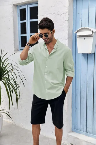 Vista 4 de Camisas de lino para hombre de manga larga estilo casual con botones de algodón ligeras para playa verano