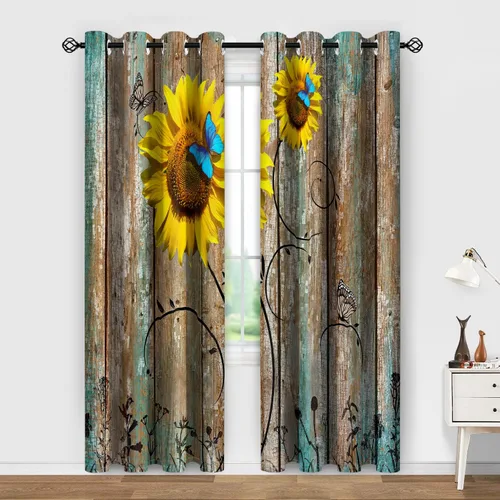 Vista 2 de Aimego - Cortinas opacas rústicas con flores de girasol, cortinas para oscurecer la habitación, estilo granja, paneles de madera, mariposas azules