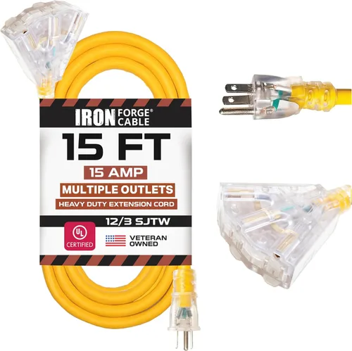 Vista 8 de Iron Forge Cable Cable de extensión resistente de calibre 12, 2 pies, color amarillo SJTW 12/3 Outdoor Cable, Lighted End, 3 Prong Grounded Plug
