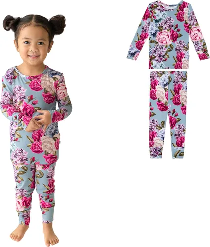 Vista 96 de Posh Peanut Pijamas para niñas, suaves, de viscosa de bambú para niños, pijamas a juego de manga larga para niñas