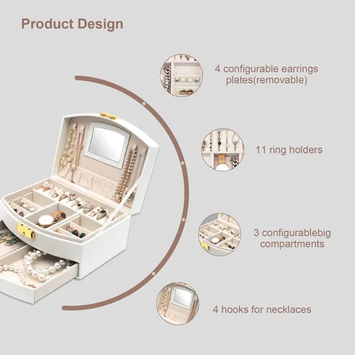 Vista 7 de XKY Organizador de joyas cajas de joyería de 2 capas para mujer caja de joyería de viaje de piel sintética para aretes anillos pulseras collares
