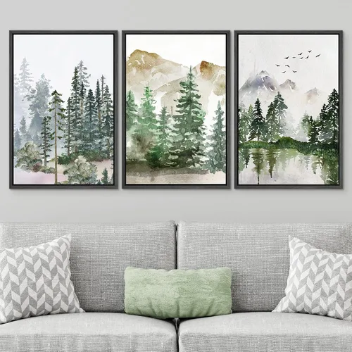 Vista 3 de SIGNWIN Lienzo enmarcado para pared, juego de arte pastel con cadena montañosa, bosque, niebla, naturaleza silvestre, ilustraciones modernas, arte