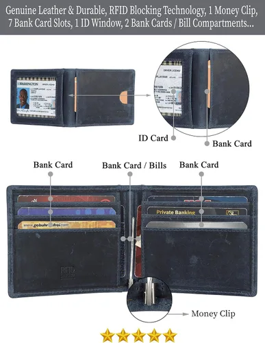 Vista 2 de Monedero de cuero con clip de dinero para hombres-RFID bloqueo bolsillo frontal delgado cartera con ventana de identificación