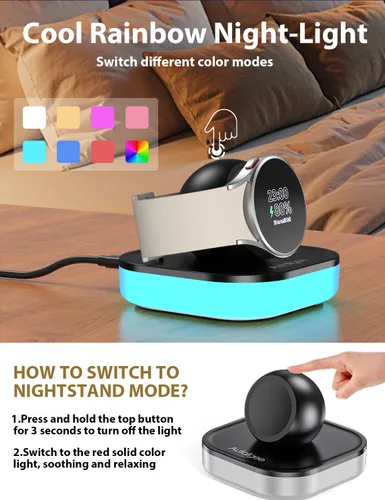 Vista 4 de Soporte de Carga para Cargador de Samsung Galaxy Watch, Base de Carga Magnética Modo Mesita de Noche con Luz y Cable USB para Watch 8/8