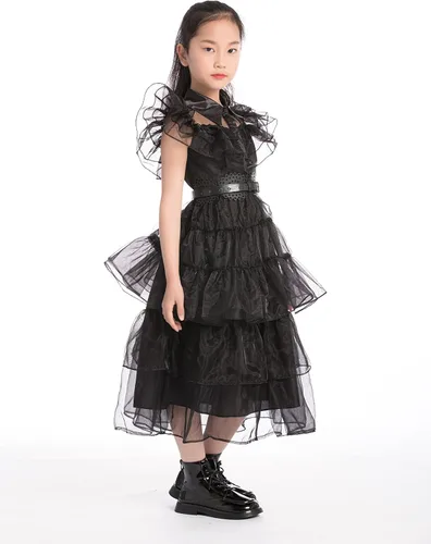 Vista 7 de CFNRHEOU Wednesday Addams Dress for Kids Girls,Family Party Dress Up Cosplay Outfit Gothic Dress Halloween Costumes with Hair