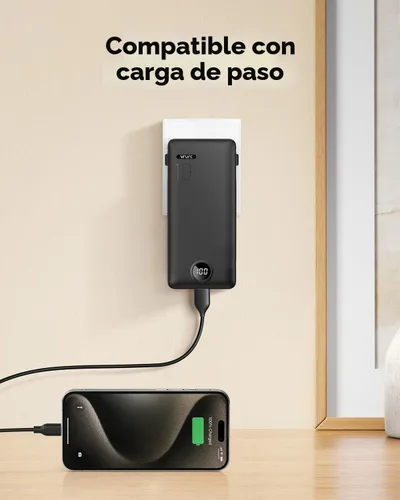 Vista 3 de VRURC Cargador portátil, cables integrados en el banco de energía y enchufe Negro