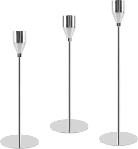 Vista 8 de Juego de 3 candelabros dorados franceses, portavelas de metal para velas cónicas, candelabros dorados, se adapta a velas de 2.2 cm de grosor y velas