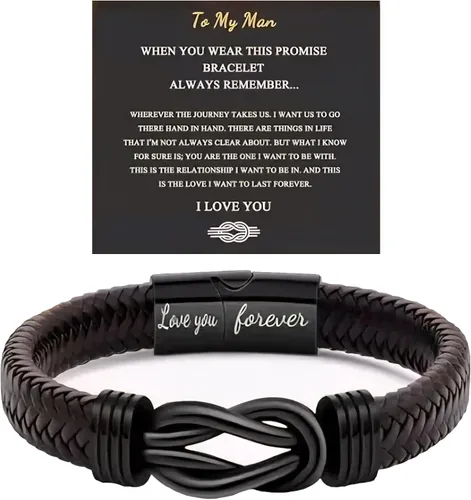 Vista 4 de NIQIPOK Pulseras de acero inoxidable con texto en inglés "To My Man" (To My Man) de cuero trenzado con nudo infinito, pulseras de acero inoxidable