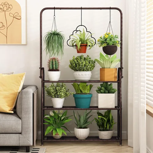 Vista 6 de SORCEDAS Soporte para plantas para interiores y exteriores, estante colgante de esquina de 3 niveles de alto, soportes de metal para flores, soporte