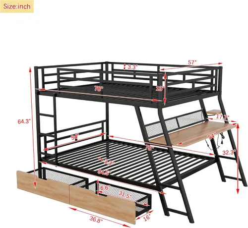 Vista 2 de Litera de metal de tamaño matrimonial sobre tamaño matrimonial con escritorio integrado, litera de estilo moderno con marco de acero resistente