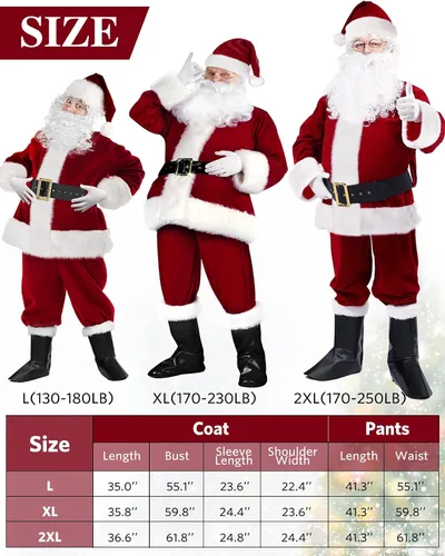 Vista 4 de Disfraz de Papá Noel para adulto, 9 piezas, traje de Papá Noel de felpa de lujo para hombre, disfraz de Papá Noel para hombres, conjunto de traje