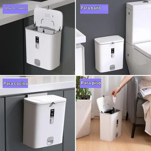 Vista 6 de Sooyee Bote de basura con tapa, cubo de basura pequeño de 2.4 galones, contenedor de plástico para abono colgante o de pie para Blanco
