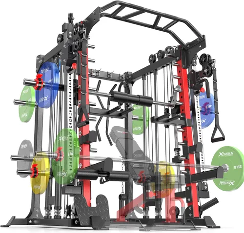 Vista 45 de Rack Multiusos para Sentadillas, Conjunto de Rack de Pesas Smith Machine con Sistema de Crossover de Cables, Racks de Potencia para Gimnasio