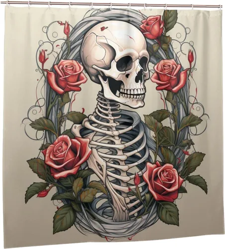 Vista 7 de YLATY3445 - Cortina de ducha de calavera para baño, divertido juego de cortina de ducha hippie con flores rojas y esqueleto, pintura al óleo, tela