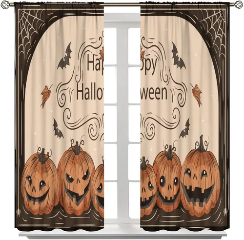 Vista 2 de Cortinas de bosque de Halloween, castillo negro, calabaza, murciélago, búho, gato, decoración de ventana de cocina, dormitorio, sala de estar
