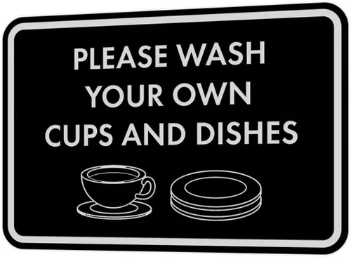 Vista 32 de Letrero clásico enmarcado con texto en inglés «Please Wash Your Own Cups and Dishes» (negro)