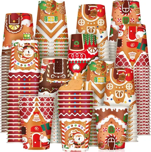 Vista 10 de Zhehao 200 Piezas Vasos de Papel de Navidad Xmas Vasos Desechables de Café 9 oz Santa Muñeco de Nieve Alce Vasos Desechables de Papel de Navidad