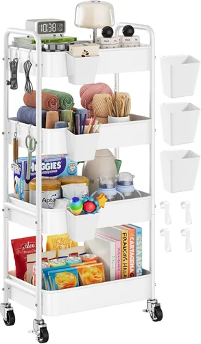Vista 13 de Carrito pequeño de 2 niveles beige con ruedas, carrito de pañales para artículos esenciales para el cuarto de bebé, carrito de metal para debajo