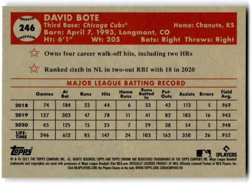 Vista 2 de 2021 Topps Chrome Platinum Anniversary #246 David Bote Chicago Cubs Baseball Card - Sportscard Superstore