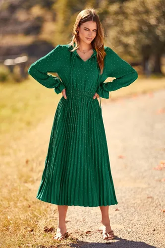 Vista 7 de PRETTYGARDEN - Vestido de otoño por debajo de la rodilla para mujer - Vestido acampanado, fluido y casual de manga larga con cuello en V y plumetí