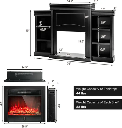 Vista 3 de Tangkula Soporte de TV con chimenea de 70 pulgadas, 750 W/1500 W, calentador eléctrico con control remoto, temporizador de 1-8 horas, 5 brillo