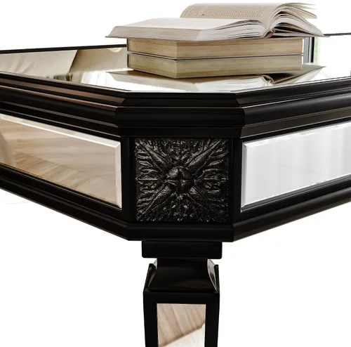 Vista 5 de Polibi Mesa de centro con espejo plateado, mesa central rectangular tallada vintage de vidrio con acabado de espejo para sala de estar y oficina