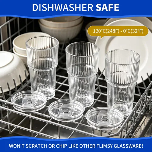 Vista 6 de 4-Pack 20oz Ribbed Glass Tumbler Set, Reusable Glass with Lids & Straw