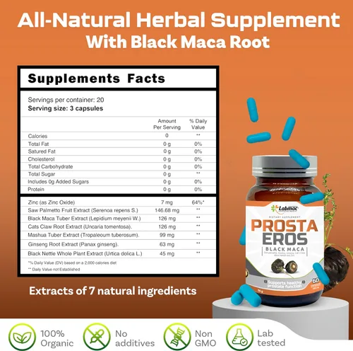 Vista 2 de ProstaEros- Suplemento de apoyo para la próstata - 7 ingredientes naturales- Maca negra, palma enana americana, mashua, garra de gato, jengibre